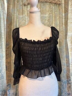 Wild cat Black Smocked Ruffled Square-Neck Top